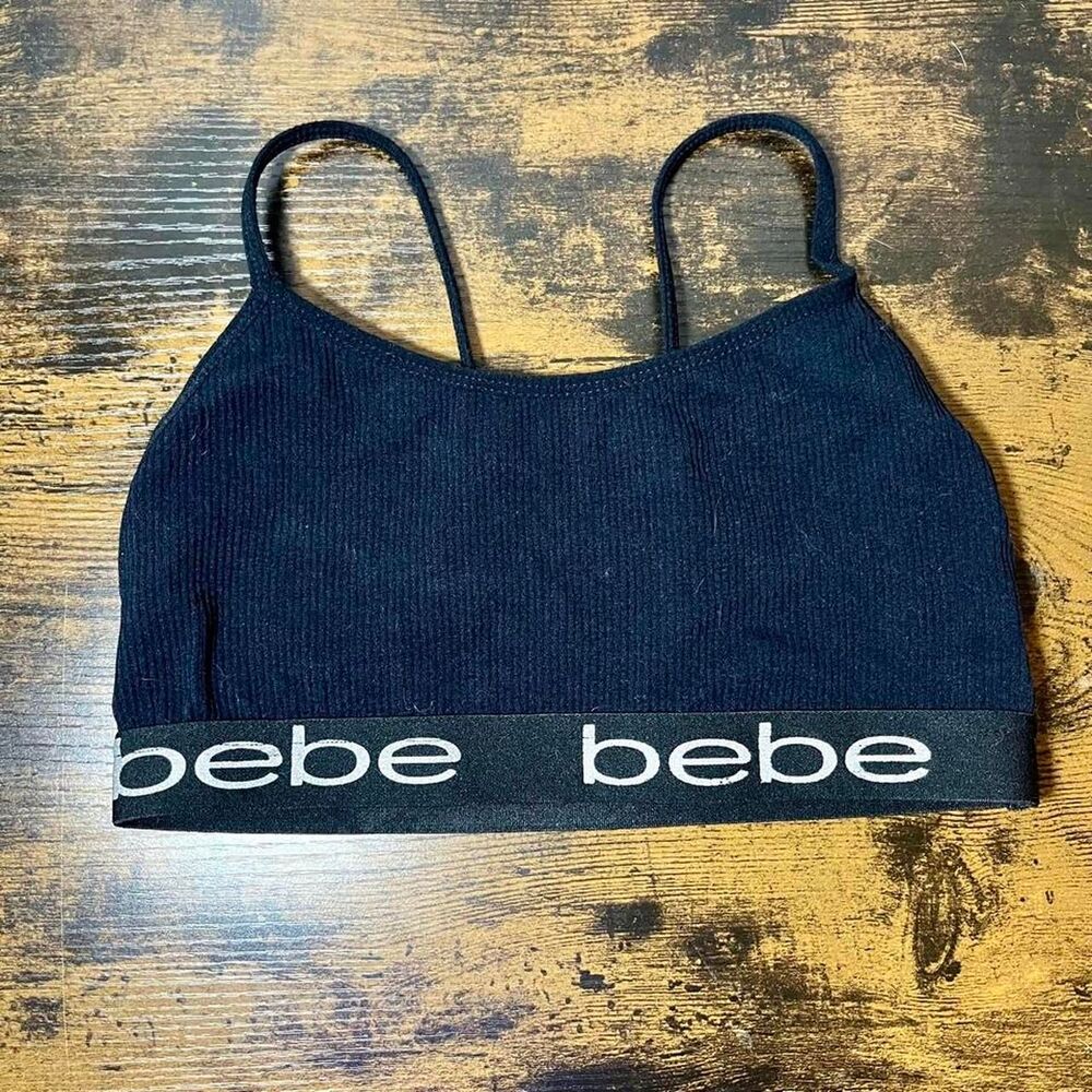 Bebe Ribbed Black Sports Bra Size Medium Stretch Adjustable Straps